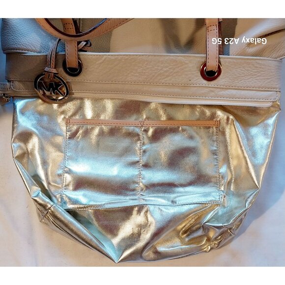 Michael Kors Beige Leather Tote Bag With Gold Metallic Interior & MK Charm - Picture 6 of 11